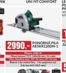 PONORNÁ PILA AE5KR120DN-1 Příkon: 1200 W Pilový kotouč TCT: 160x20 mm, 24 zubů Max. hloubka řezu: 90°=56 mm, 45°=42 mm Balení: 2 ks vodící lišty, 1 ks spojovací tyč 2 ks hex klíč (3&5 mm)