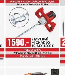 STAVEBNÍ MICHADLO TC-MX 1200 E Příkon: 1200 W Volnoběžné otáčky: 0-680 ot./min Průměr metly: 100 mm