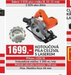 KOTOUČOVÁ PILA CS1250L S LASEREM Příkon: 1250 W Volnoběžné otáčky: 5000 ot./min Průměr pilového kotouče: 190 mm Max. hloubka řezu: 66 mm