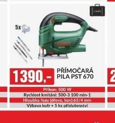 PŘÍMOČARÁ PILA PST 670 Příkon: 500 W Rychlost kmitání: 500-3 100 min-1 Hloubka řezu (dřevo, kov):65/4 mm Výbava kufr + 5 ks příslušenství