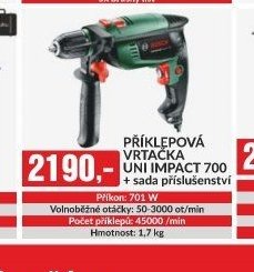 PŘÍKLEPOVÁ VRTAČKA UNI IMPACT 700 + sada příslušenství Příkon: 701 W Volnoběžné otáčky: 50-3000 ot/min Počet příklepů: 45000 /min Hmotnost: 1,7 kg