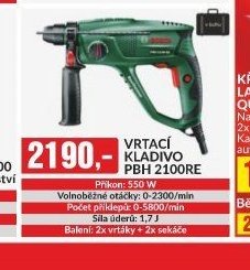 VRTACÍ KLADIVO PBH 2100RE Příkon: 550 W Volnoběžné otáčky: 0-2300/min Počet příklepů: 0-5800/min Síla úderů: 1,7 J Balení: 2x vrtáky + 2x sekáče