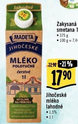 Mléko čerstvé lahodné Jihočeské Madeta - 1,5% polotučné