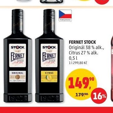 FERNET STOCK Originál 38 % alk., Citrus 27 % alk. 0,5 l