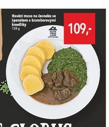 Hovězí maso na česneku se špenátem a bramborovými knedlíky 150 g