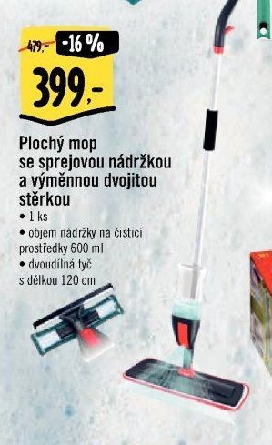 Plochý mop se sprejovou nádržkou a výměnnou dvojitou stěrkou