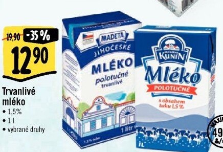 Mléko trvanlivé Kunín - 1,5% polotučné