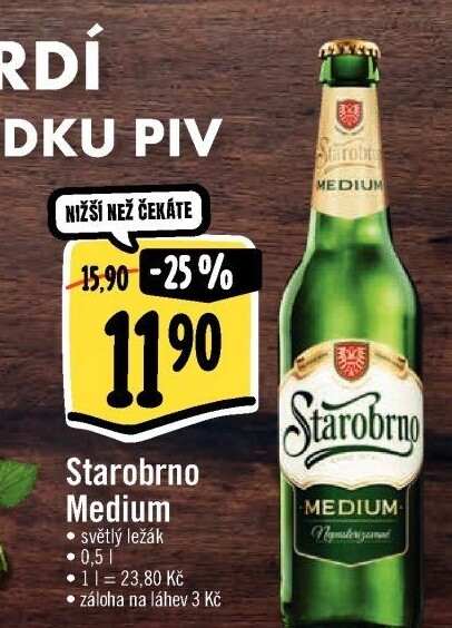 Pivo světlý ležák nepasterizovaný 11° Medium Starobrno