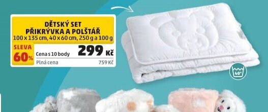 DĚTSKÝ SET PŘIKRÝVKA A POLŠTÁŘ 100 x 135 cm, 40 x 60 cm, 250 g a 100 g