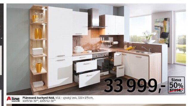 Plánovaná kuchyně Keid, bílá - vysoký lesk, 320x175 cm - ASKO akcniletaky.com