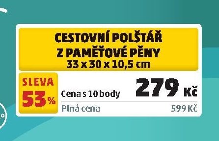 CESTOVNÍ POLŠTÁŘ Z PAMĚŤOVÉ PĚNY 33 x 30 x 10,5 cm