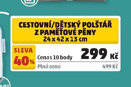 CESTOVNÍ/DĚTSKÝ POLŠTÁŘ Z PAMĚŤOVÉ PĚNY 24 x 42 x 13 cm