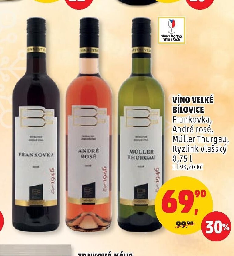 VÍNO VELKÉ BÍLOVICE Frankovka, André rosé, Müller Thurgau, Ryzlink vlašský 0,75 l