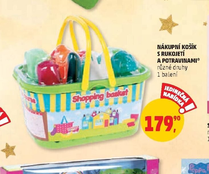 Nákupní košík s rukojetí a potravinami