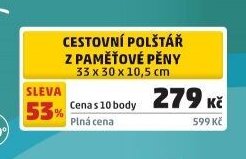 CESTOVNÍ POLŠTÁŘ Z PAMĚŤOVÉ PĚNY 33 x 30 x 10,5 cm