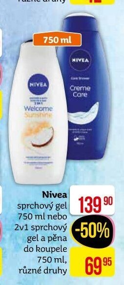 Nivea sprchový gel 750 ml nebo 2v1 sprchový gel a pěna do koupele 750 ml