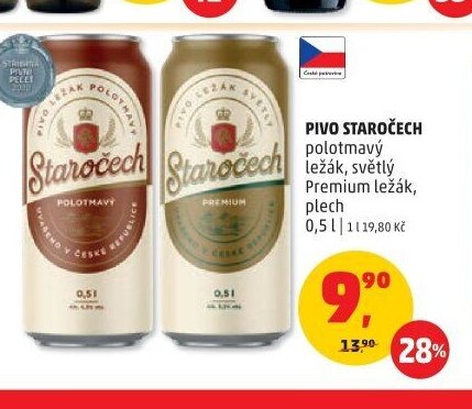 PIVO STAROČECH polotmavý ležák, světlý Premium ležák, plech 0,5 l