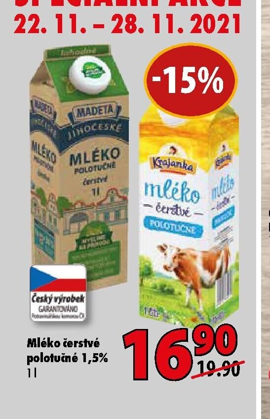 Mléko čerstvé polotučné 1,5%