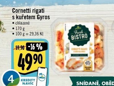 Cornetti rigati s kuřetem gyros Albert Fresh Bistro