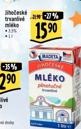 Mléko trvanlivé Jihočeské Madeta - 3,5% plnotučné