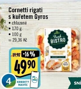 Cornetti rigati s kuřetem gyros Albert Fresh Bistro