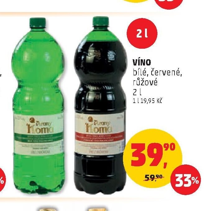 VÍNO bílé, červené, růžové 2 l