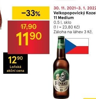 Pivo světlý ležák 11° Medium Velkopopovický Kozel