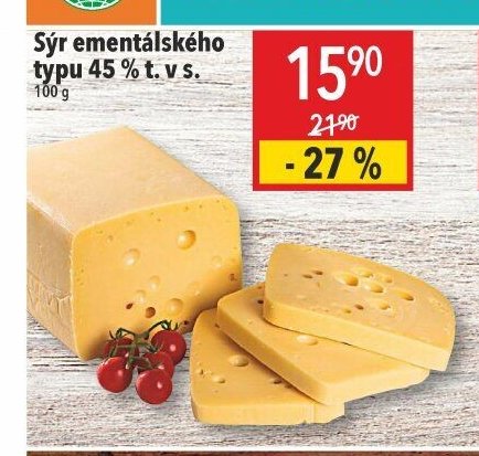 Sýr ementálského typu 45 % t. v s.