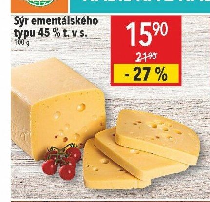 Sýr ementálského typu 45 % t. v s.
