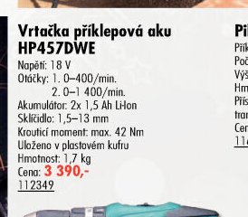 Vrtačka příklepová aku HP457DWE - UNI HOBBY akcniletaky.com
