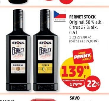 Fernet Stock Originál 38 % alk., Citrus 27 % alk. 0,5 l