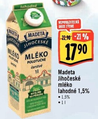 Mléko čerstvé lahodné Jihočeské Madeta - 1,5% polotučné