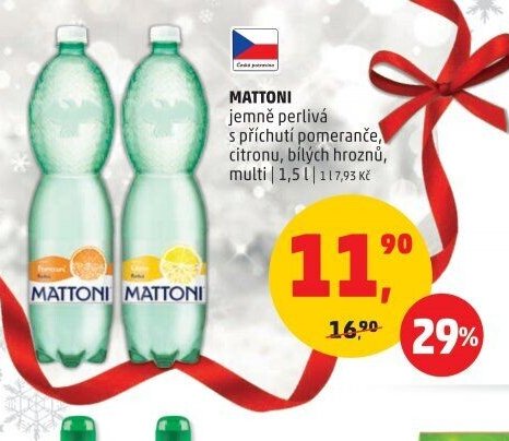 MATTONI jemně perlivá s příchutí pomeranče, citronu, bílých hroznů, multi | 1,5 l