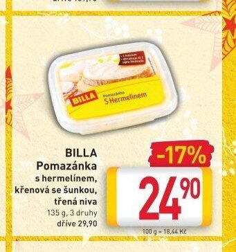 BILLA Pomazánka s hermelínem, křenová se šunkou, třená niva