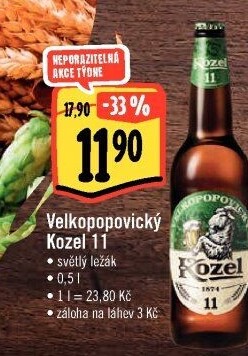 Pivo světlý ležák 11° Medium Velkopopovický Kozel