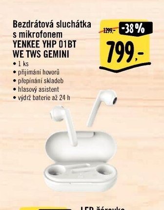 Bezdrátová sluchátka s mikrofonem YENKEE YHP 01BT WE TWS GEMINI