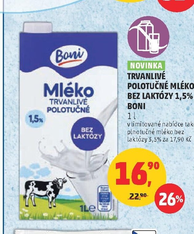 TRVANLIVÉ POLOTUČNÉ MLÉKO BEZ LAKTÓZY 1,5% BONI