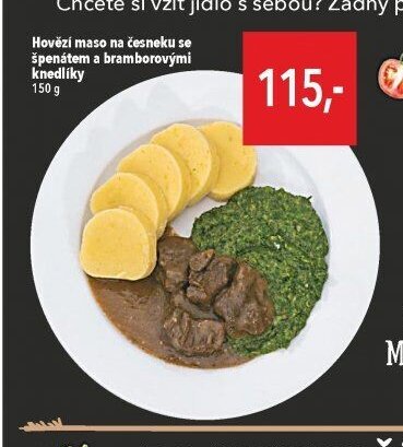 Hovězí maso na česneku se špenátem a bramborovými knedlíky