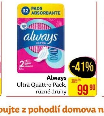 Always Ultra Quattro Pack, různé druhy