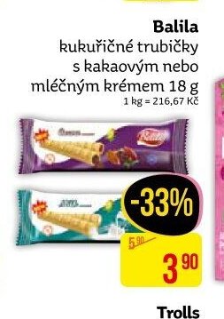 Balila kukuřičné trubičky s kakaovým nebo mléčným krémem 18 g