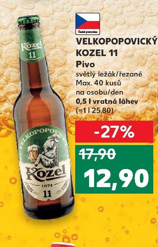 Velkopopovický Kozel 11 Pivo světlý ležák/řezané 0,5 l vratná láhev