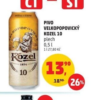 Pivo Velkopopovický Kozel 10 plech 0,5 l