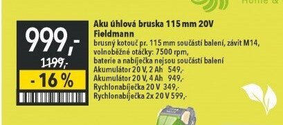 Aku úhlová bruska 115 mm 20V Fieldmann