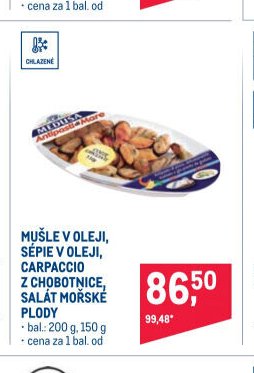 MUŠLE V OLEJI, SÉPIE V OLEJI, CARPACCIO Z CHOBOTNICE, SALÁT MOŘSKÉ PLODY