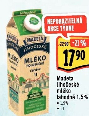 Mléko čerstvé lahodné Jihočeské Madeta - 1,5% polotučné