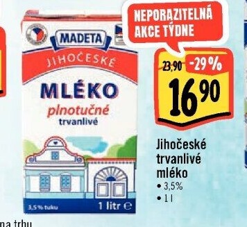 Mléko trvanlivé Jihočeské Madeta - 3,5% plnotučné