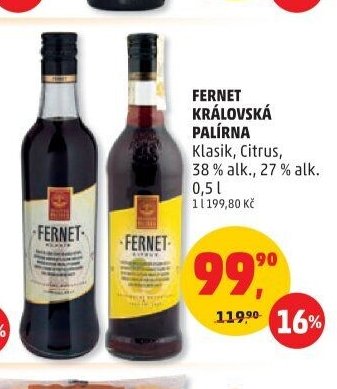 Fernet Královská Palírna Klasik, Citrus 0,5l