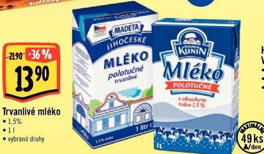 Mléko trvanlivé Jihočeské Madeta - 1,5% polotučné