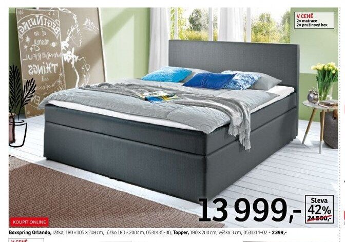 Boxspring Orlando, látka, 180x105x208 cm, lůžko 180x200 cm, 0531435-00, Topper, 180x200 cm, výška 3 cm, 0531314-02 - ASKO akcniletaky.com