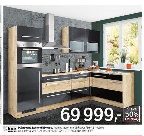 Plánovaná kuchyně IP4050, mořský javor, mořský javor/černá - vysoký lesk, černá, 275x175 cm - ASKO akcniletaky.com